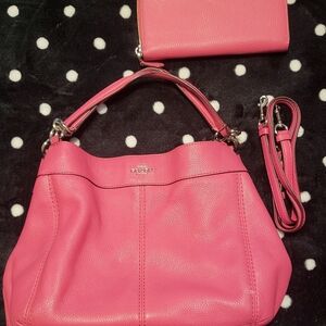 Coach Pink Shoulder Bag And Wallet with Gold Hardware